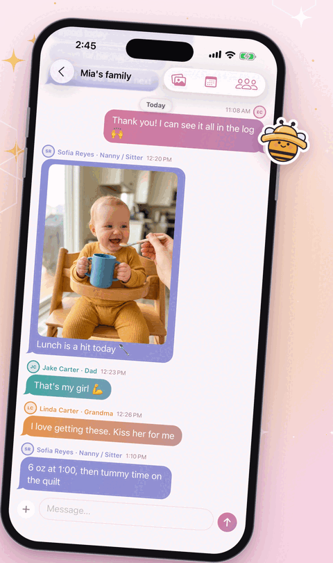 App screenshot with demo data: a family chat where a sitter shares a lunch photo and the parents and grandma reply