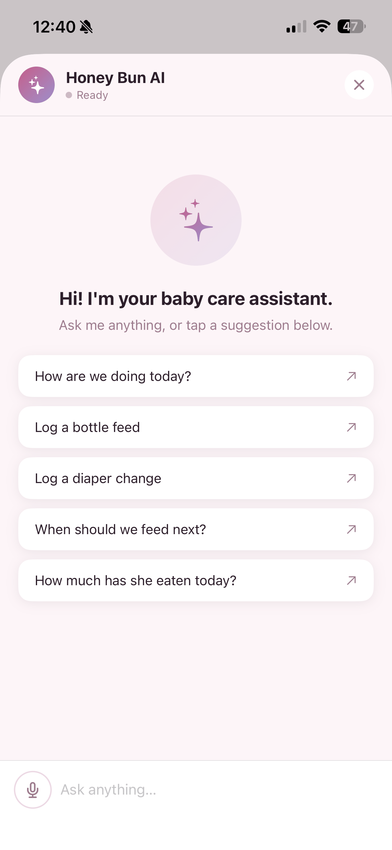 Honey Bun AI assistant home screen with greeting and suggested prompts
