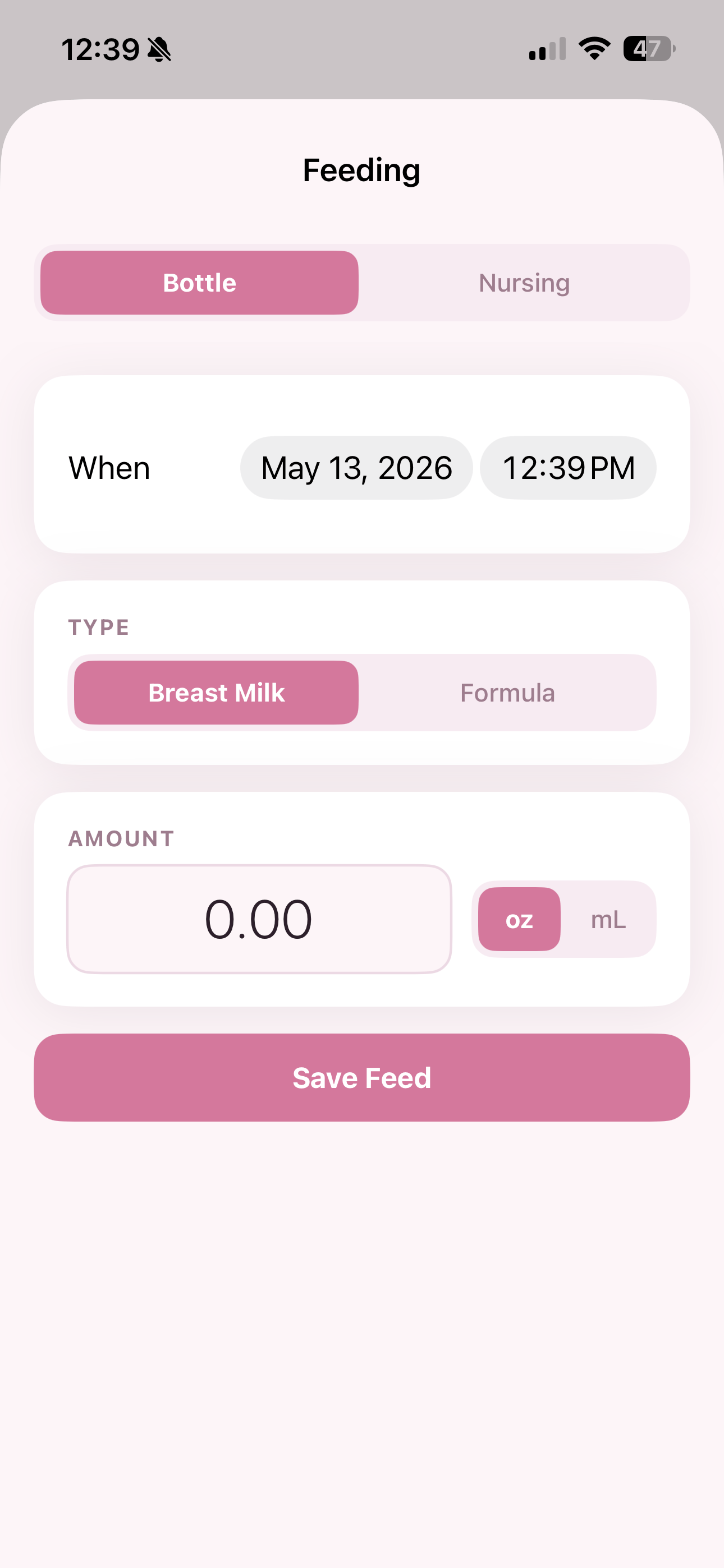 Honey Bun feeding log screen with bottle / nursing toggle, type, and amount