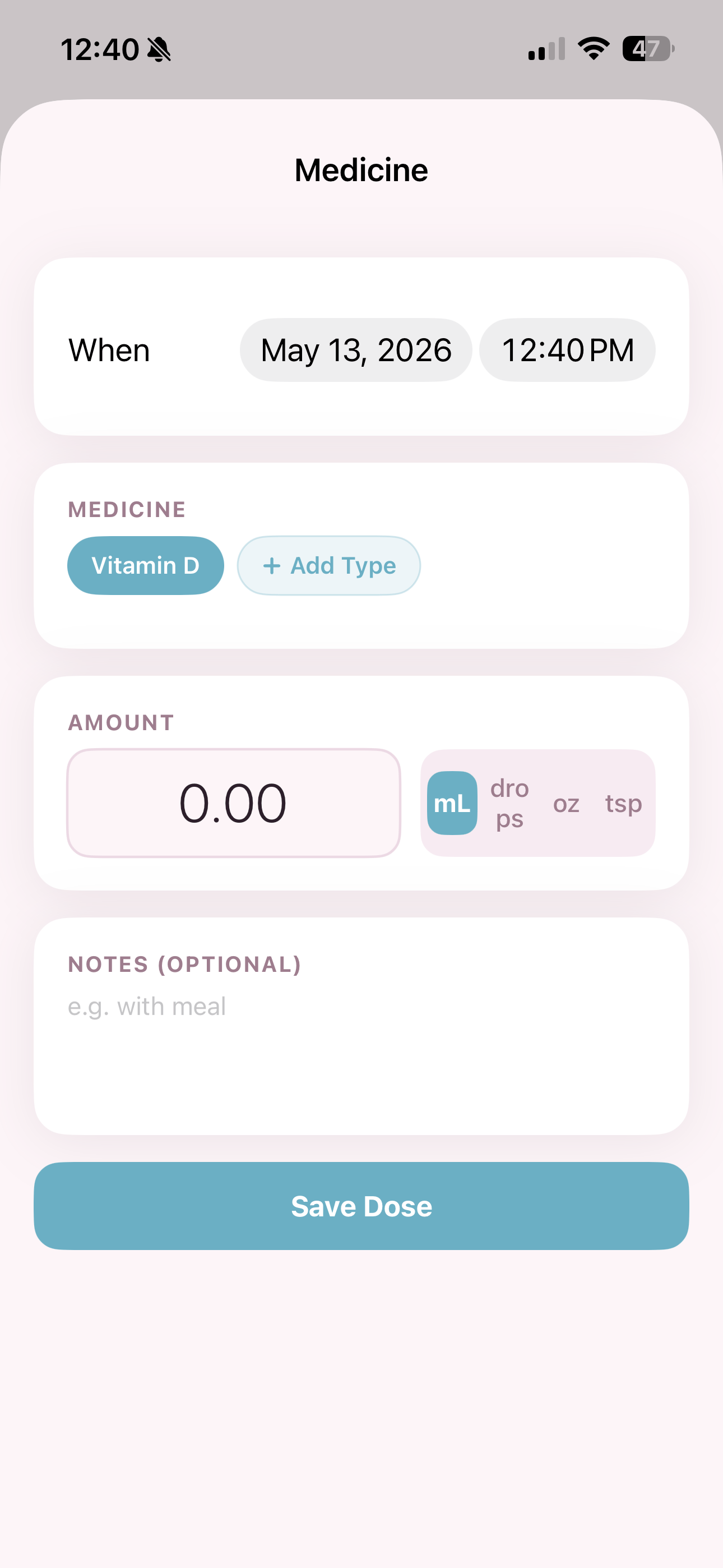 Honey Bun medicine log screen with medicine type, amount, and optional notes